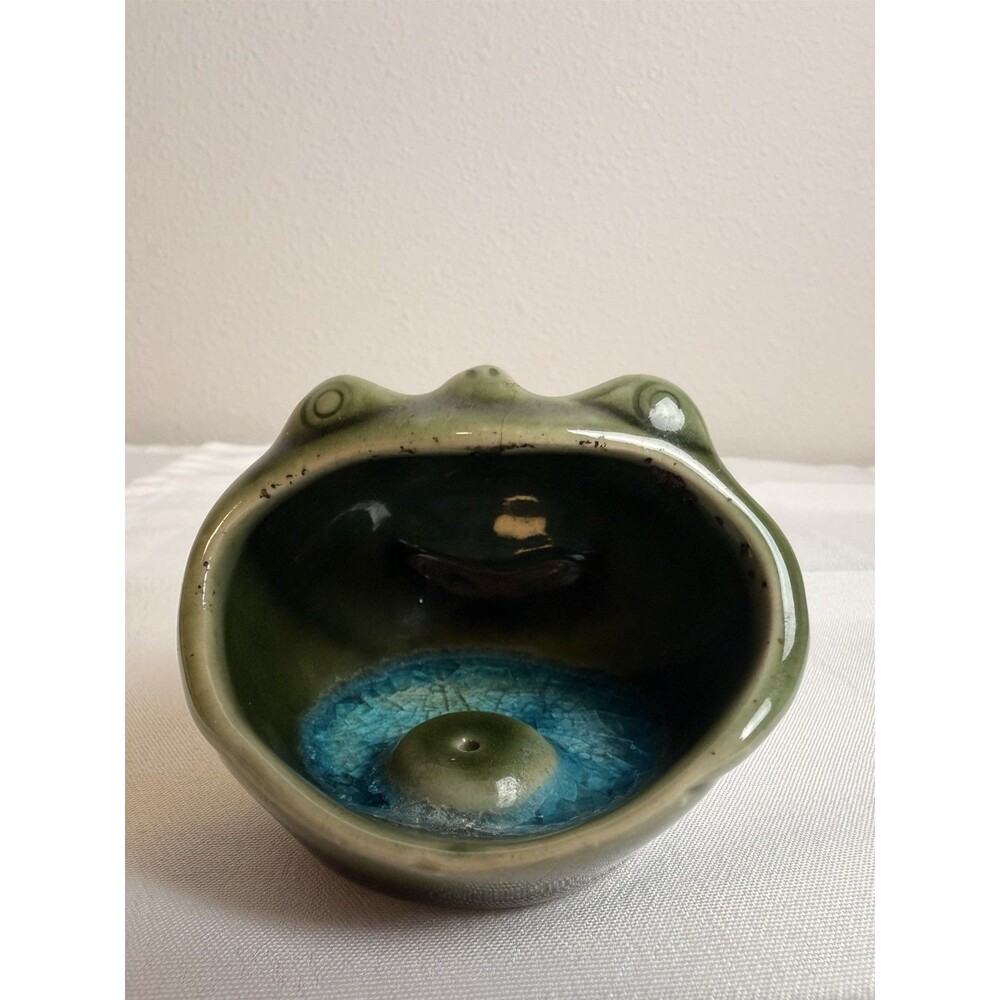 Ceramic Green Frog Shaped Figurine Bowl 3" Collectible Decor